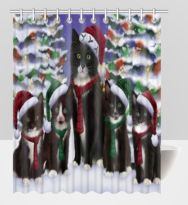 Tuxedo Cats Christmas Family Portrait in Holiday Scenic Background Shower Curtain
