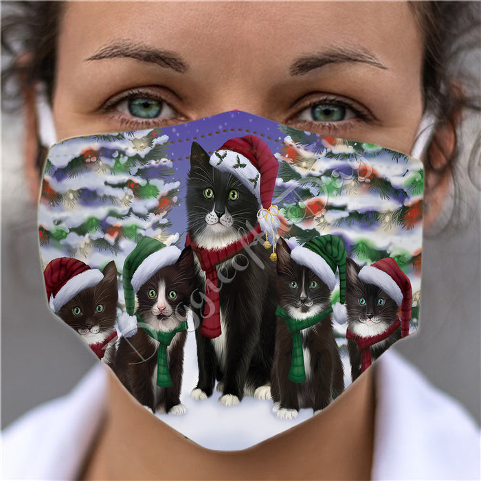 Tuxedo Cats Christmas Family Portrait in Holiday Scenic Background Face Mask FM48387