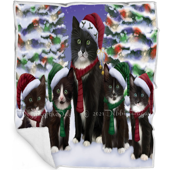 Tuxedo Cats Christmas Family Portrait in Holiday Scenic Background  Blanket BLNKT90777