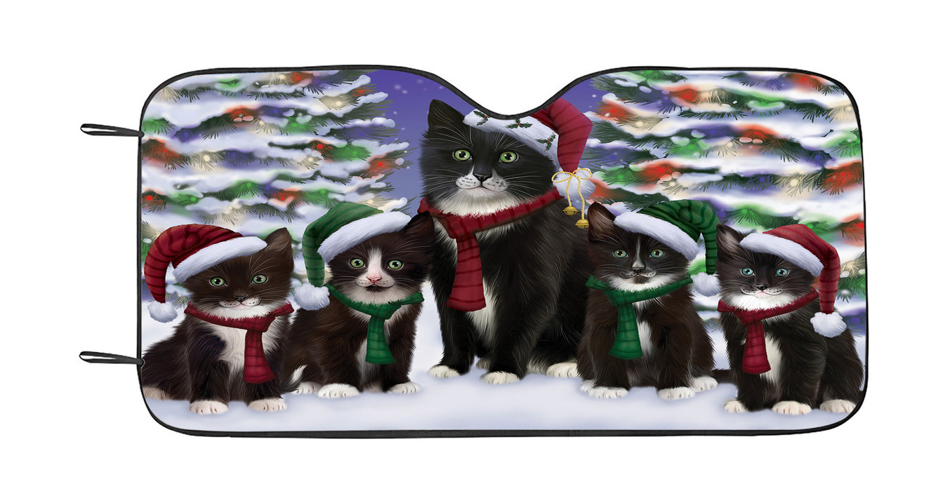 Tuxedo Cats Christmas Family Portrait in Holiday Scenic Background Car Sun Shade