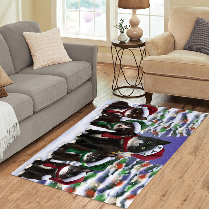 Tuxedo Cats Christmas Family Portrait in Holiday Scenic Background Area Rug