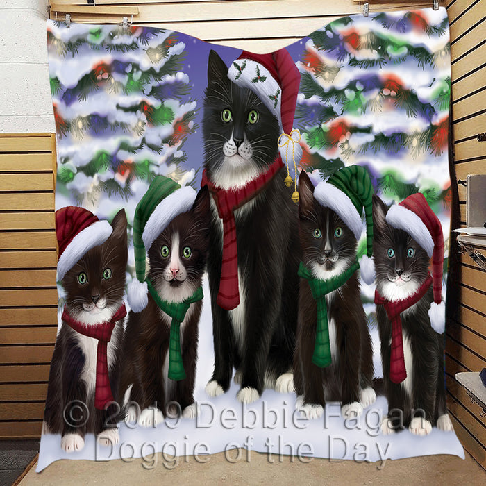 Tuxedo Cats Christmas Family Portrait in Holiday Scenic Background Quilt