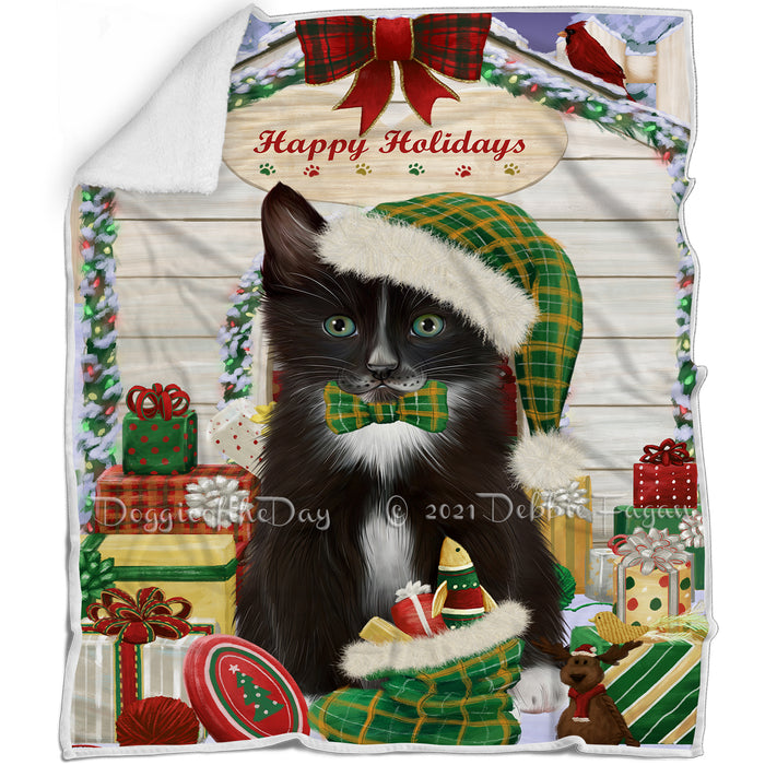 Happy Holidays Christmas Tuxedo Cat House with Presents Blanket BLNKT142118