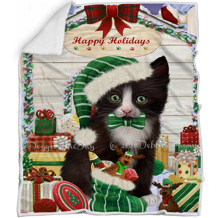 Happy Holidays Christmas Tuxedo Cat House with Presents Blanket BLNKT142119