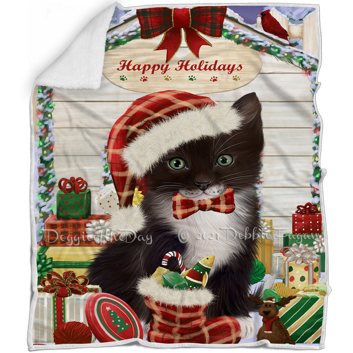 Happy Holidays Christmas Tuxedo Cat House with Presents Blanket BLNKT142120