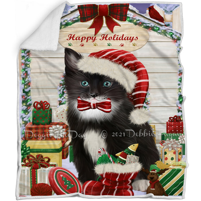 Happy Holidays Christmas Tuxedo Cat House with Presents Blanket BLNKT142121