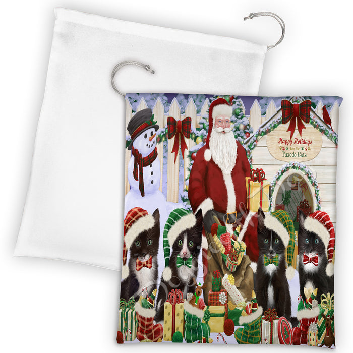 Happy Holidays Christmas Tuxedo Cats House Gathering Drawstring Laundry or Gift Bag LGB48089