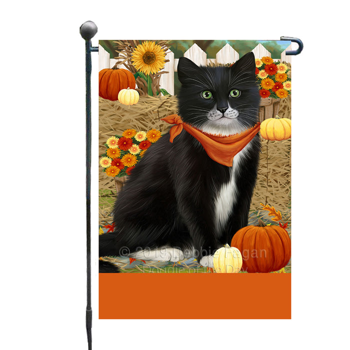 Personalized Fall Autumn Greeting Tuxedo Cat with Pumpkins Custom Garden Flags GFLG-DOTD-A62086