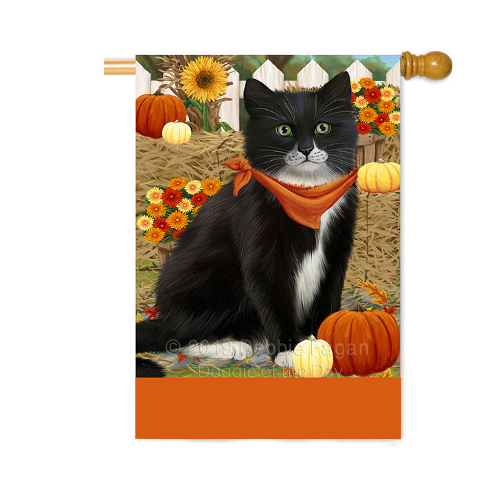 Personalized Fall Autumn Greeting Tuxedo Cat with Pumpkins Custom House Flag FLG-DOTD-A62142