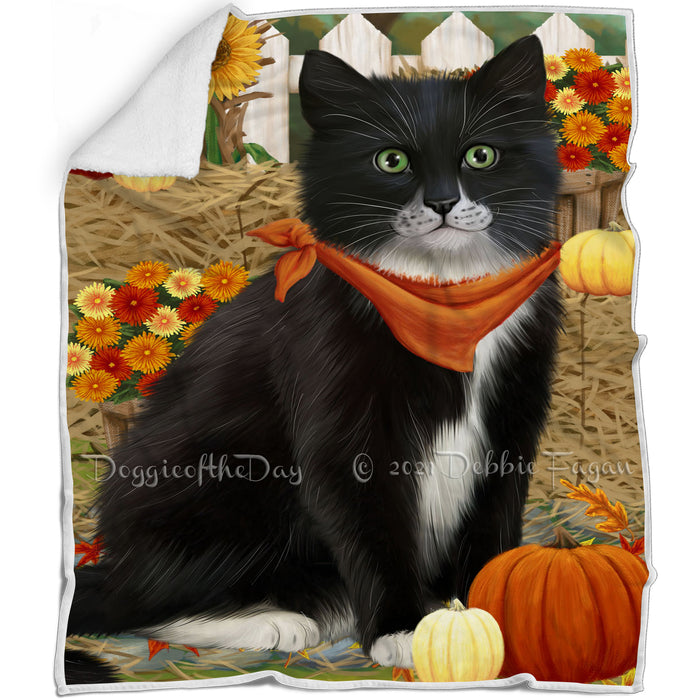Fall Autumn Greeting Tuxedo Cat with Pumpkins Blanket BLNKT87447