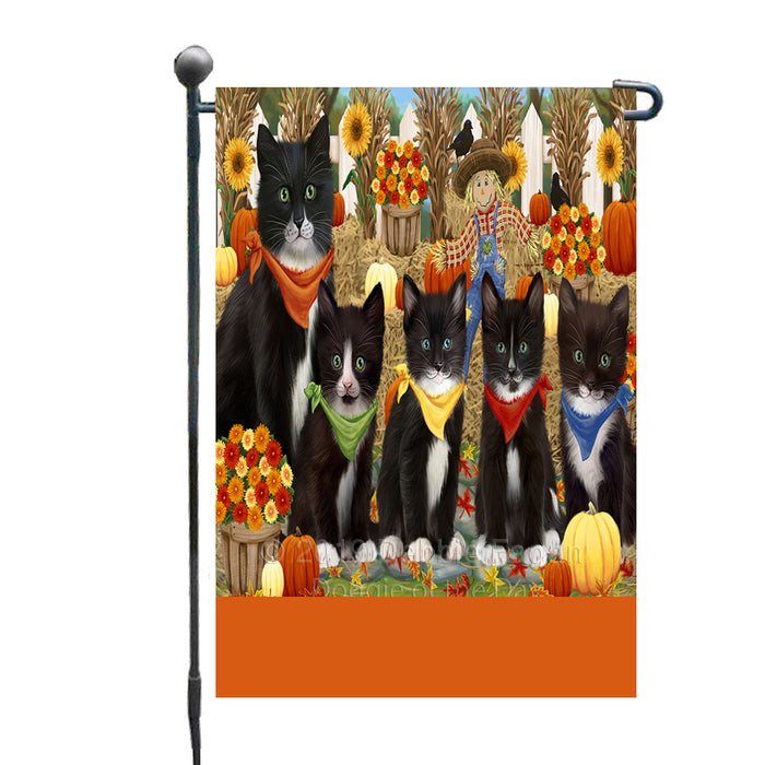 Personalized Fall Festive Gathering Tuxedo Cats with Pumpkins Custom Garden Flags GFLG-DOTD-A62087