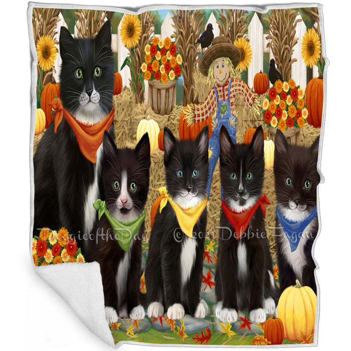 Fall Festive Gathering Tuxedo Cats with Pumpkins Blanket BLNKT142422
