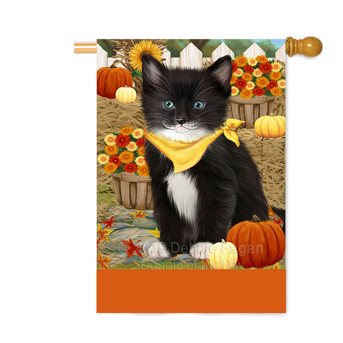Personalized Fall Autumn Greeting Tuxedo Cat with Pumpkins Custom House Flag FLG-DOTD-A62144