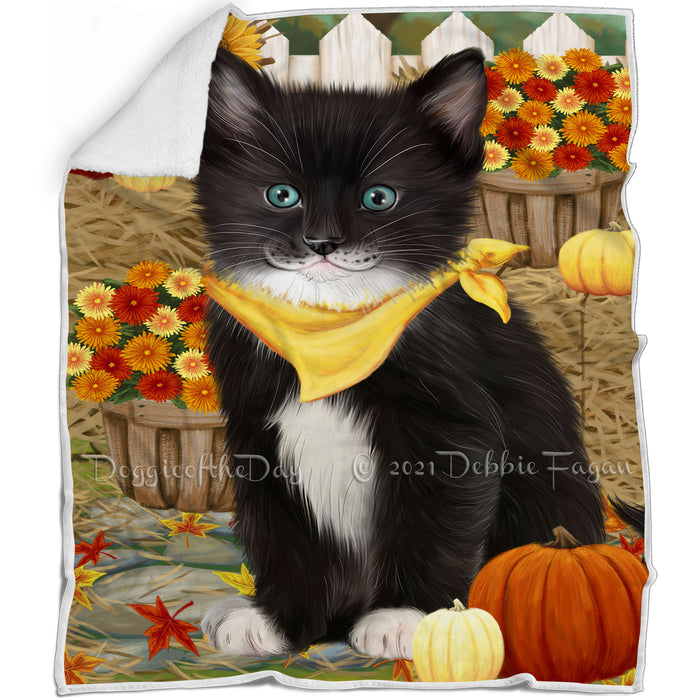 Fall Autumn Greeting Tuxedo Cat with Pumpkins Blanket BLNKT87456