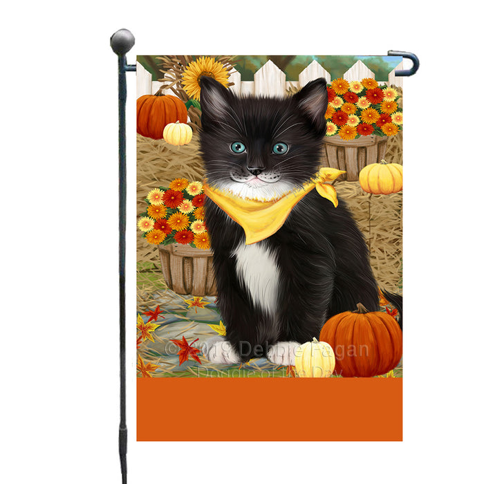 Personalized Fall Autumn Greeting Tuxedo Cat with Pumpkins Custom Garden Flags GFLG-DOTD-A62088