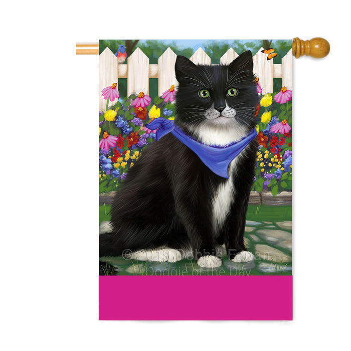 Personalized Spring Floral Tuxedo Cat Custom House Flag FLG-DOTD-A63085