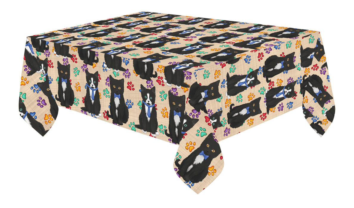 Rainbow Paw Print Tuxedo Cats Blue Cotton Linen Tablecloth