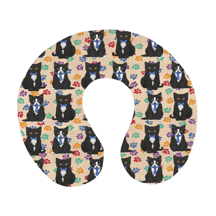 Rainbow Paw Print Tuxedo Cats Blue U-Shape Travel Pillow