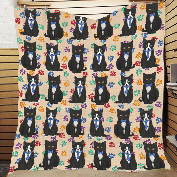 Rainbow Paw Print Tuxedo Cats Blue Quilt