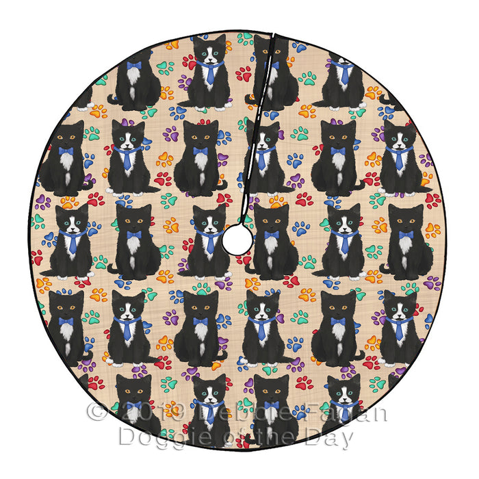 Rainbow Paw Print Tuxedo Cats Blue Christmas Tree Skirt