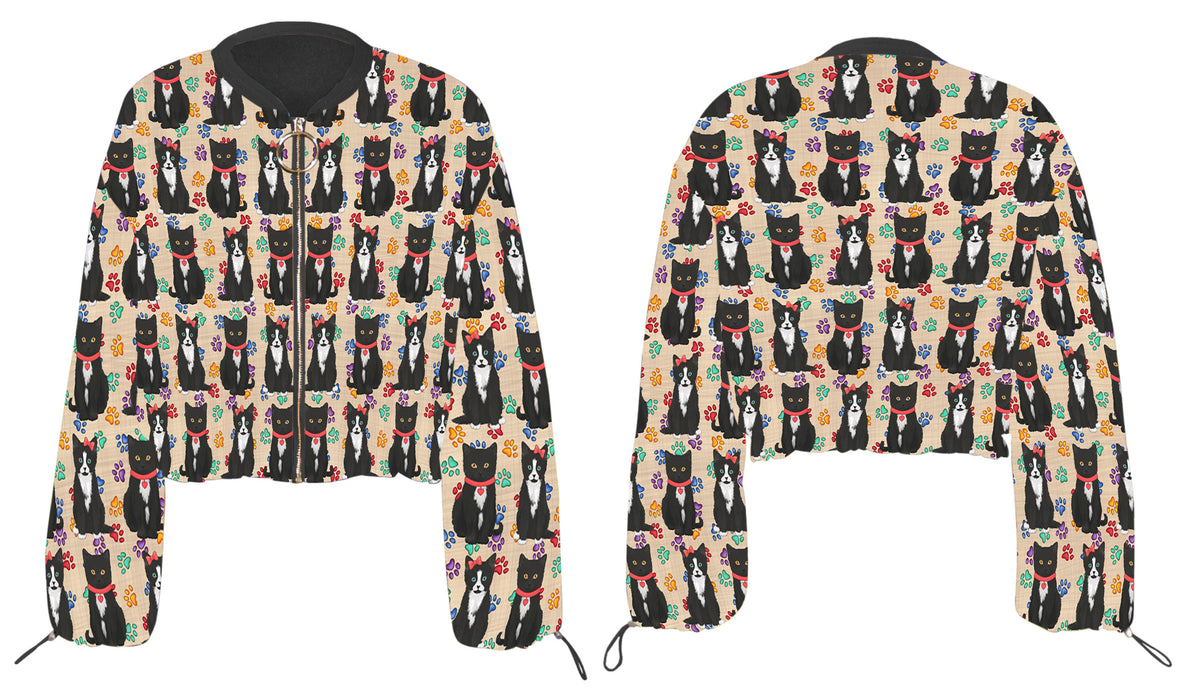 Rainbow Paw Print Tuxedo Cats Cropped Chiffon Women's Jacket WH50628