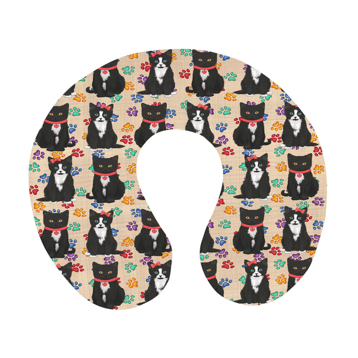 Rainbow Paw Print Tuxedo Cats Red U-Shape Travel Pillow