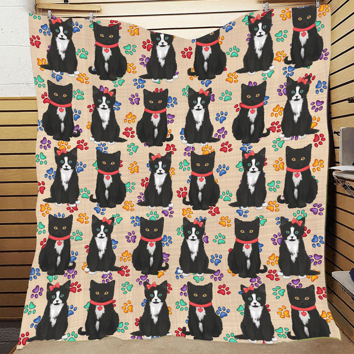 Rainbow Paw Print Tuxedo Cats Red Quilt