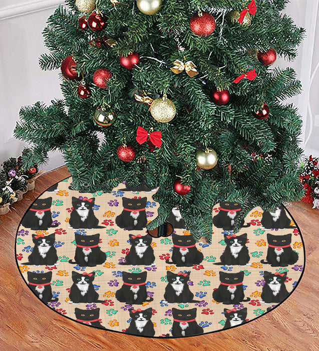 Rainbow Paw Print Tuxedo Cats Red Christmas Tree Skirt