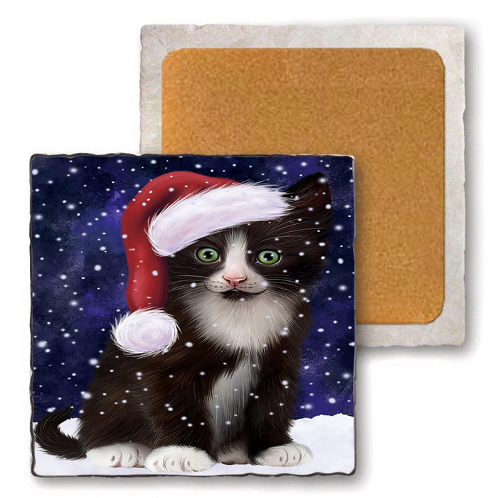 Let it Snow Christmas Holiday Tuxedo Cat Wearing Santa Hat Set of 4 Natural Stone Marble Tile Coasters MCST49329