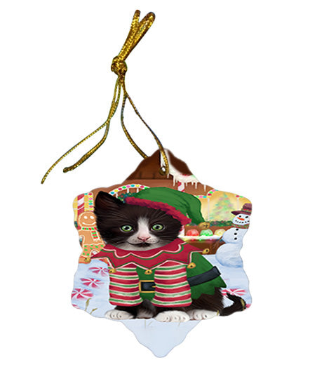 Christmas Gingerbread House Candyfest Tuxedo Cat Star Porcelain Ornament SPOR56936