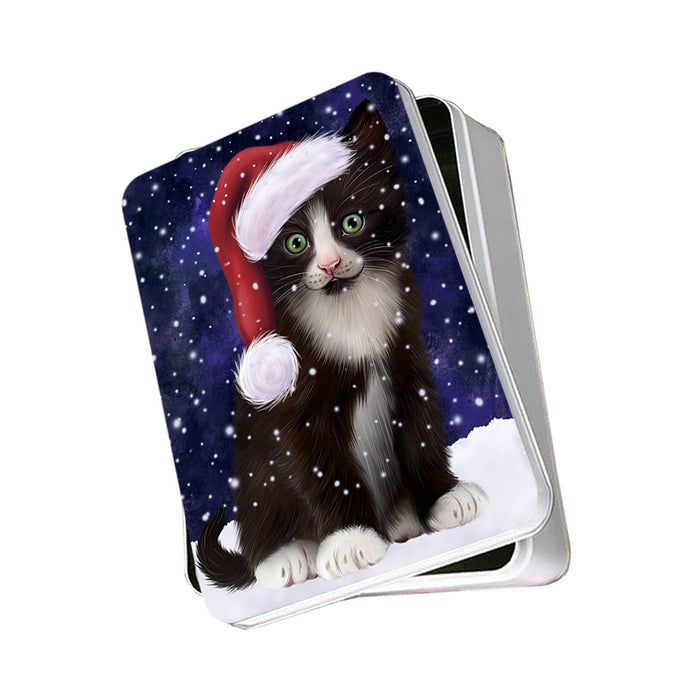 Let it Snow Christmas Holiday Tuxedo Cat Wearing Santa Hat Photo Storage Tin PITN54272