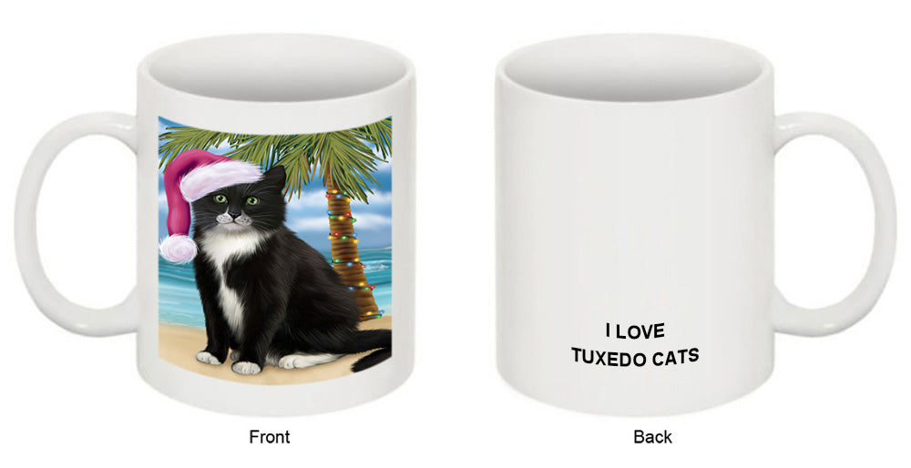 Summertime Happy Holidays Christmas Tuxedo Cat on Tropical Island Beach Coffee Mug MUG49861