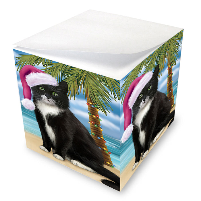 Summertime Happy Holidays Christmas Tuxedo Cat on Tropical Island Beach Note Cube NOC56109