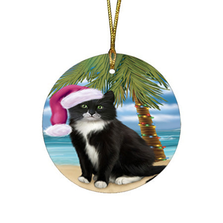 Summertime Happy Holidays Christmas Tuxedo Cat on Tropical Island Beach Round Flat Christmas Ornament RFPOR54582