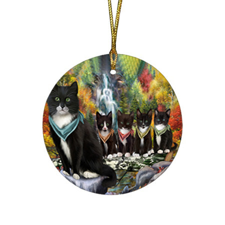 Scenic Waterfall Tuxedo Cats Round Flat Christmas Ornament RFPOR51965