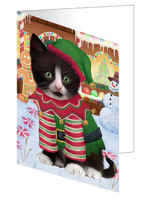 Christmas Gingerbread House Candyfest Tuxedo Cat Handmade Artwork Assorted Pets Greeting Cards and Note Cards with Envelopes for All Occasions and Holiday Seasons GCD74255