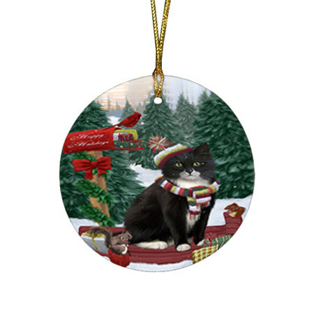 Merry Christmas Woodland Sled Tuxedo Cat Round Flat Christmas Ornament RFPOR55417