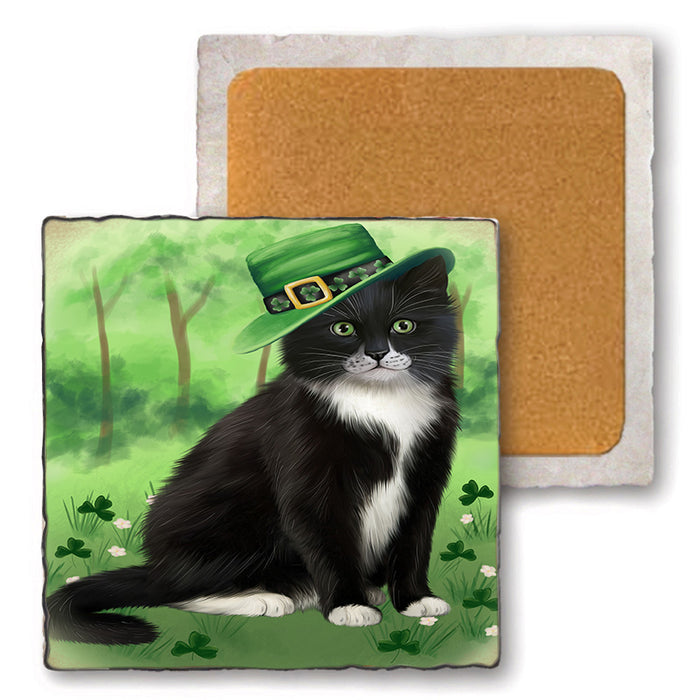 St. Patricks Day Irish Portrait Tuxedo Cat Set of 4 Natural Stone Marble Tile Coasters MCST52052