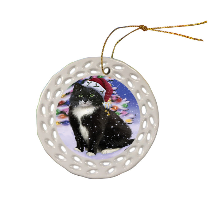 Winterland Wonderland Tuxedo Cat In Christmas Holiday Scenic Background Ceramic Doily Ornament DPOR53784