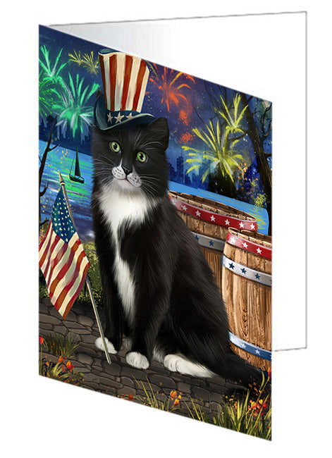 4th of July Independence Day Fireworks Tuxedo Cat at the Lake Handmade Artwork Assorted Pets Greeting Cards and Note Cards with Envelopes for All Occasions and Holiday Seasons GCD57758