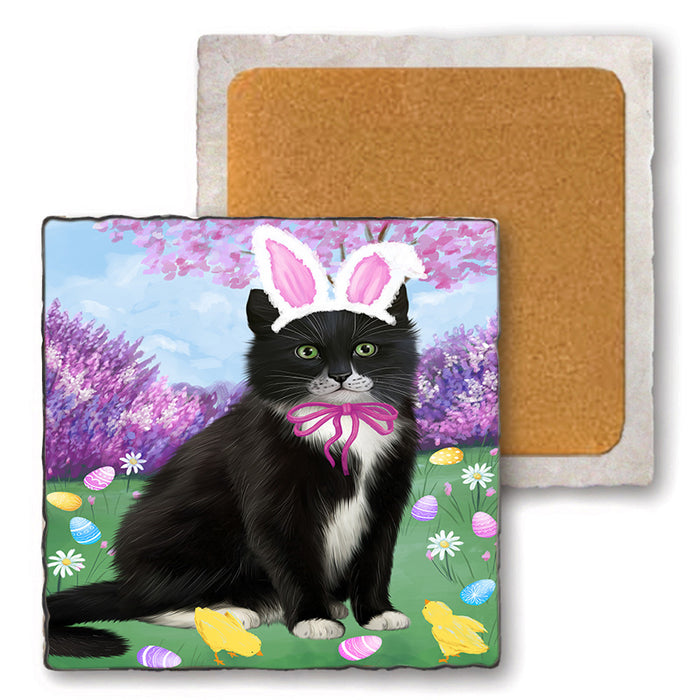 Easter Holiday Tuxedo Cat Set of 4 Natural Stone Marble Tile Coasters MCST51948