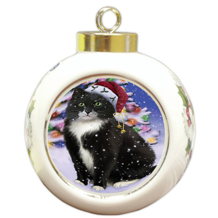 Winterland Wonderland Tuxedo Cat In Christmas Holiday Scenic Background Round Ball Christmas Ornament RBPOR53784