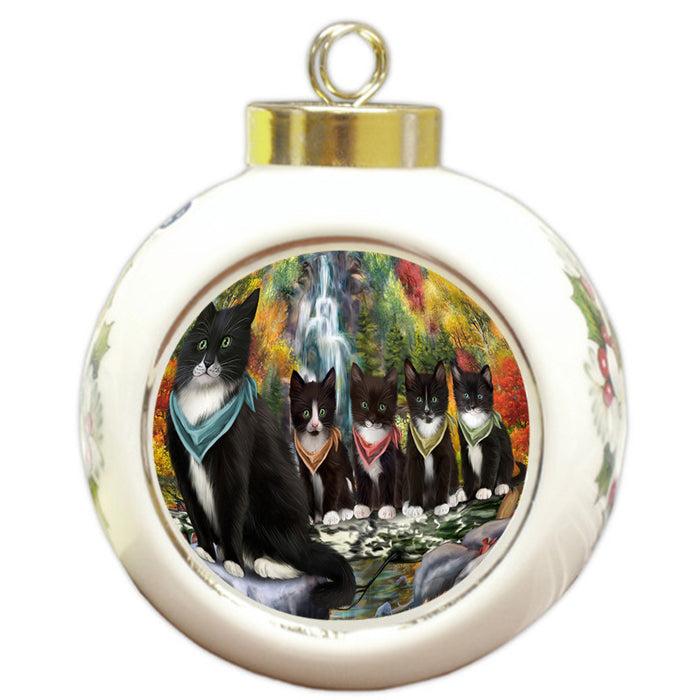 Scenic Waterfall Tuxedo Cats Round Ball Christmas Ornament RBPOR51974