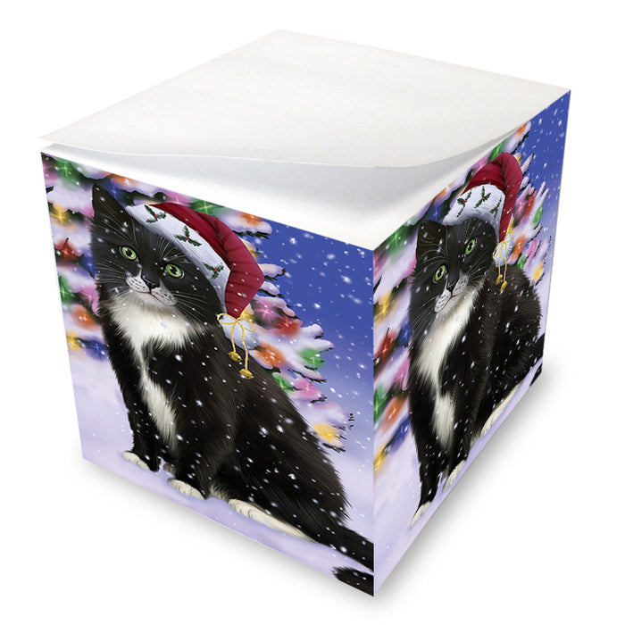 Winterland Wonderland Tuxedo Cat In Christmas Holiday Scenic Background Note Cube NOC55430
