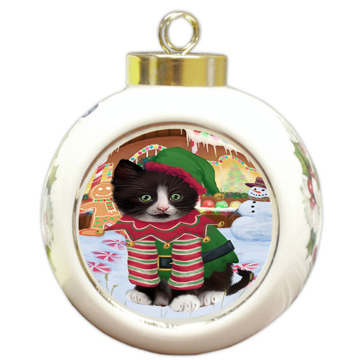 Christmas Gingerbread House Candyfest Tuxedo Cat Round Ball Christmas Ornament RBPOR56936