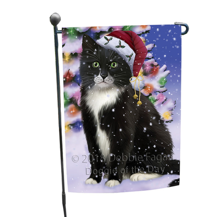 Winterland Wonderland Tuxedo Cat In Christmas Holiday Scenic Background Garden Flag GFLG53846
