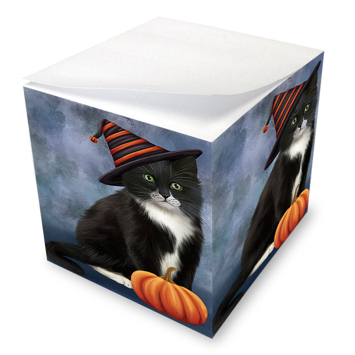 Happy Halloween Tuxedo Cat Wearing Witch Hat with Pumpkin Note Cube NOC56394