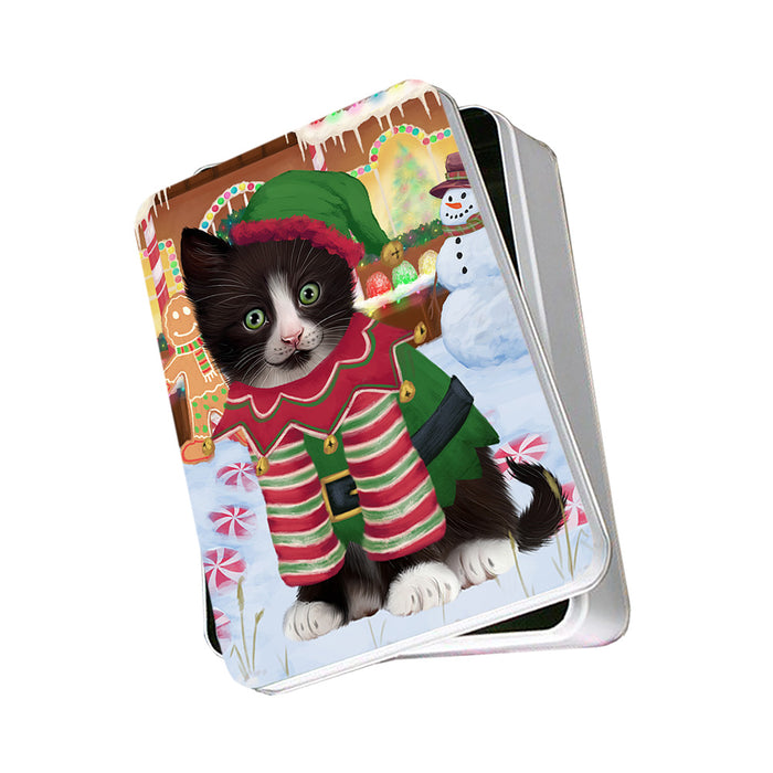 Christmas Gingerbread House Candyfest Tuxedo Cat Photo Storage Tin PITN56523