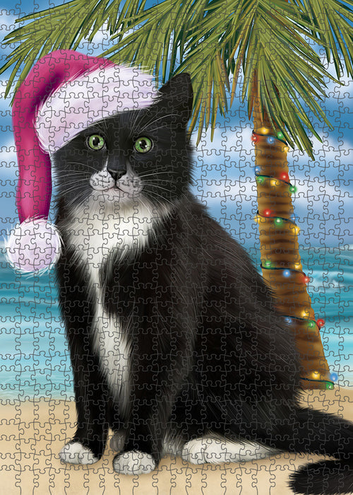 Summertime Happy Holidays Christmas Tuxedo Cat on Tropical Island Beach Puzzle with Photo Tin PUZL85520