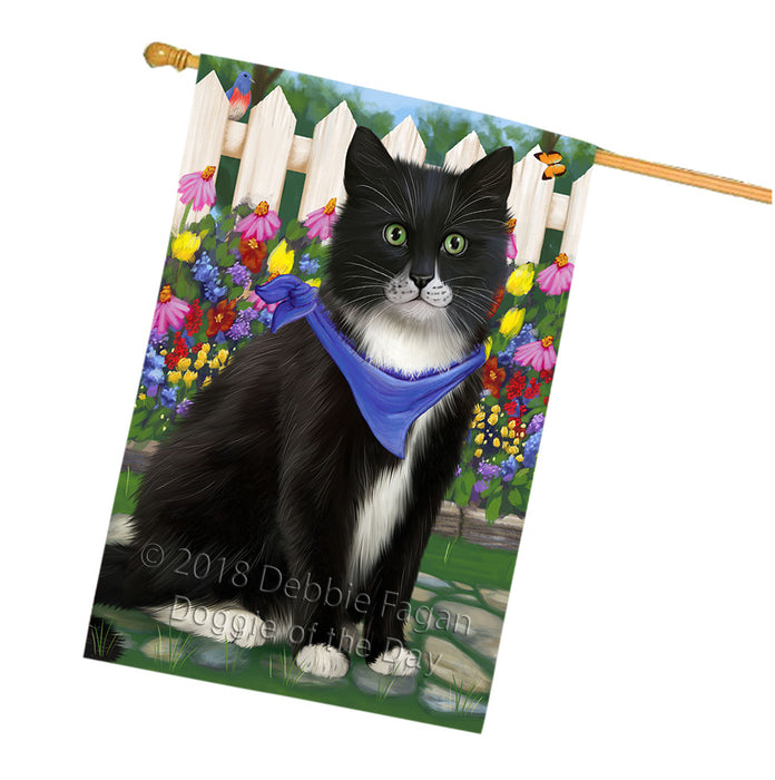 Spring Floral Tuxedo Cat House Flag FLG52361